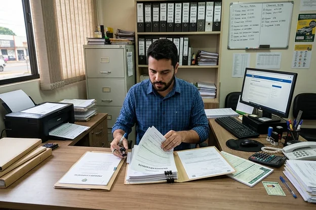 Despachante organizando documentos para o emplacamento em Jataí do veículo de um cliente.